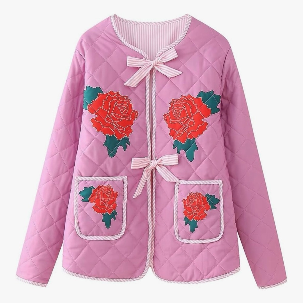 Quilted Puffer Jacket: Pink with Rose Print Accents